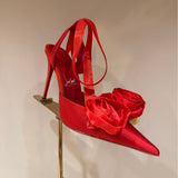 Louboutin-style red bottom shoes silk flower pointed toe cl stiletto women's shoes elegantslimming look frenchsexy beautiful ribbon fashion flats