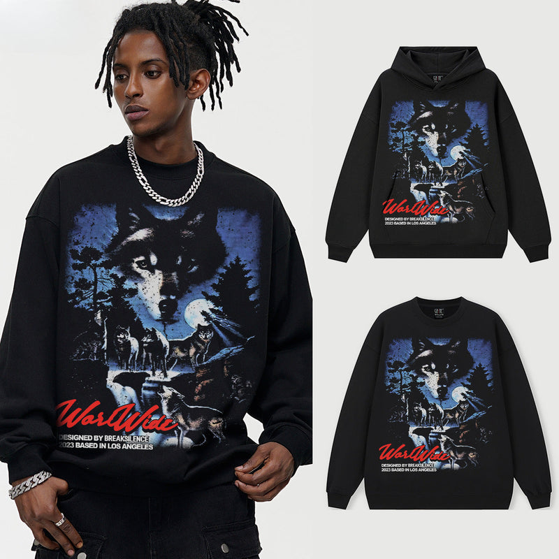 Vintage Hoodie Silver Wolf Night Vintage Printed Hooded Sweater Fall/Winter Crew Neck