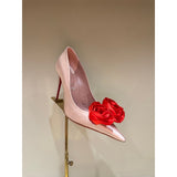 Louboutin-style red bottom shoes silk flower pointed toe cl stiletto women's shoes elegantslimming look frenchsexy beautiful ribbon fashion flats