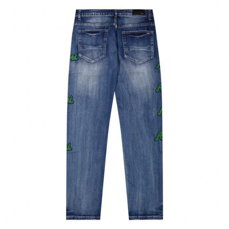 Amiri Jeans Blue Jeans Ripped Letter Embroidered Jeans