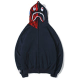 Shark Print Hoodie Shark Embroidery Camouflage Stitching Hat Zipper Fleece Padded Coat Teen Student