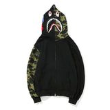 Shark Print Hoodie Autumn And Winter Fashion Brand Camouflage Embroidery Stitching Sleeves Cardigan Zipper Hoodie Coat