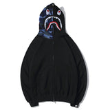 Shark Print Hoodie Shark Embroidery Camouflage Stitching Hat Zipper Fleece Padded Coat Teen Student