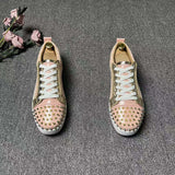 Louboutin-style red bottom shoes, pink gold-rimmed studded sneakers for men, cl red sole casual shoes, low-top lace-up trendy versatile athletic shoes