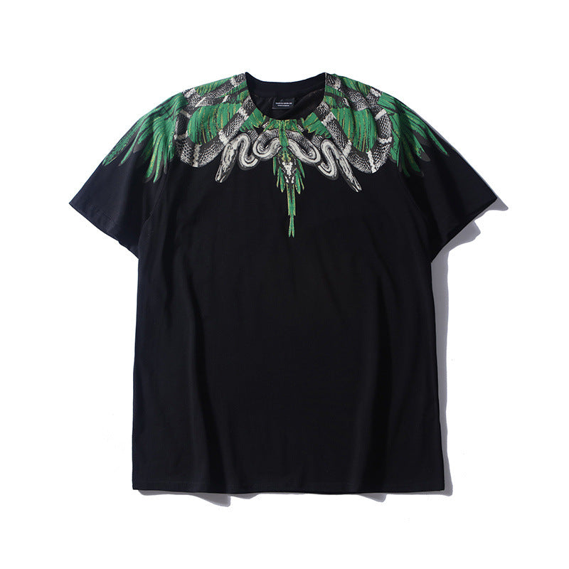 Marcelo Burlon T Shirt MB Big Snake Black Green Wings Printing Same Style for Men and Women