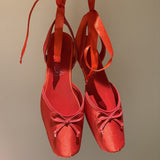 Louboutin-style red bottom shoes clretroeleganceniche stylebows ballet shoes rhinestone silk flatsflats women's hot style ribbon sandals