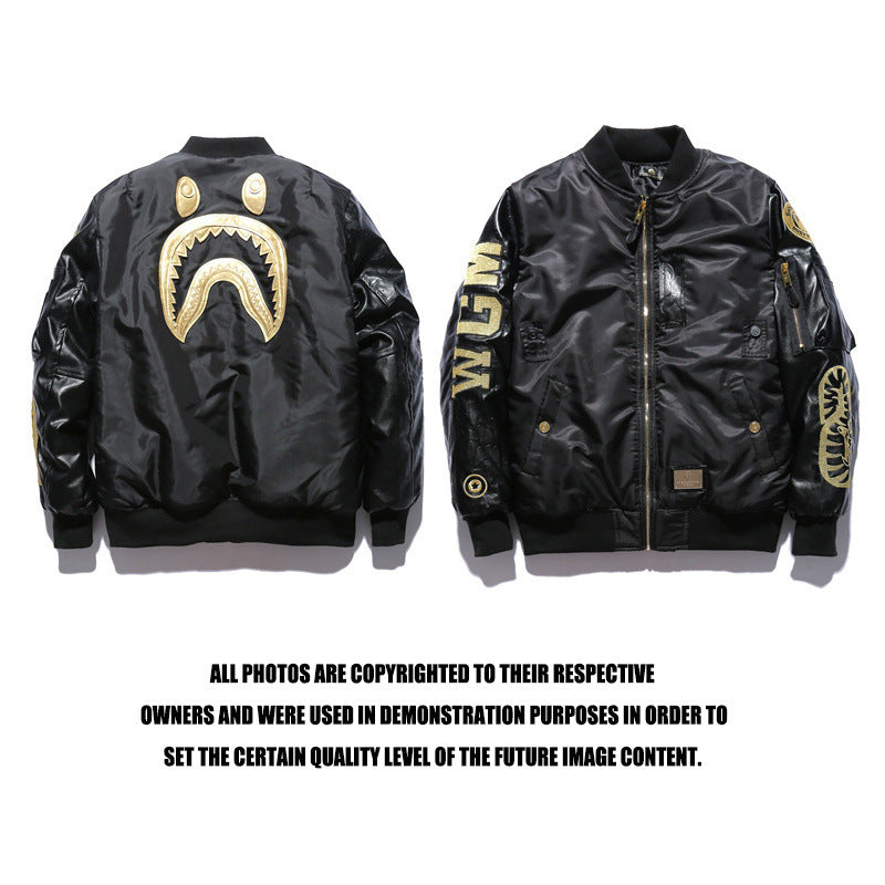 Shark Print Jacket Black Gold Embroidered Leather Jacket Baseball Uniform Autumn And Winter Thickening Cotton-Padded Coat Men'S Clothing