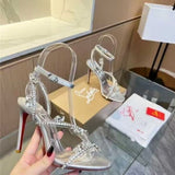 Louboutin-style red bottom shoes cmexport pointed toe cl high heels red super high heel women's stiletto open toe half drag red bottom sandals