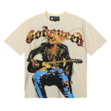 Godspeed T Shirts Guitar Skull Denim Print Casual Crew Neck Short Sleeve Men and Women