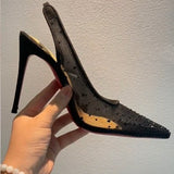 Louboutin-style red bottom shoes cl red bottom flats net diamond back hollow thin heel women's high heels pointed toe wedding shoes cm.cm.cm red bottom