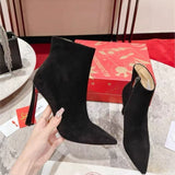 Louboutin-style red bottom shoes studded short boots red bottom cl thick heel short boots small round toe ankle boots popular foreign style fashion boots boots