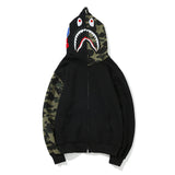 Shark Print Hoodie Printed Head Embroidered Green Camouflage Stitching Zipper Sweater Coat Men'S Hip Hop