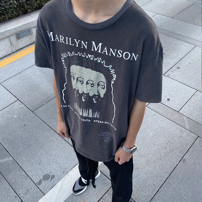 Marilyn Manson T Shirt Fog Trendy Loose Men's and Women's Short-Sleeved T-shirt