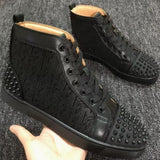 Louboutin-style red bottom shoes european station rivets cl red bottom shoes black velvet nails suede high-top hot diamond shoes fashiontrendyeasiest for match sneakers pure original