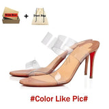Louboutin-style red bottom shoes spring beautiful super high heel metal small square toe sandals sexy stiletto heel back empty french iron toe flats