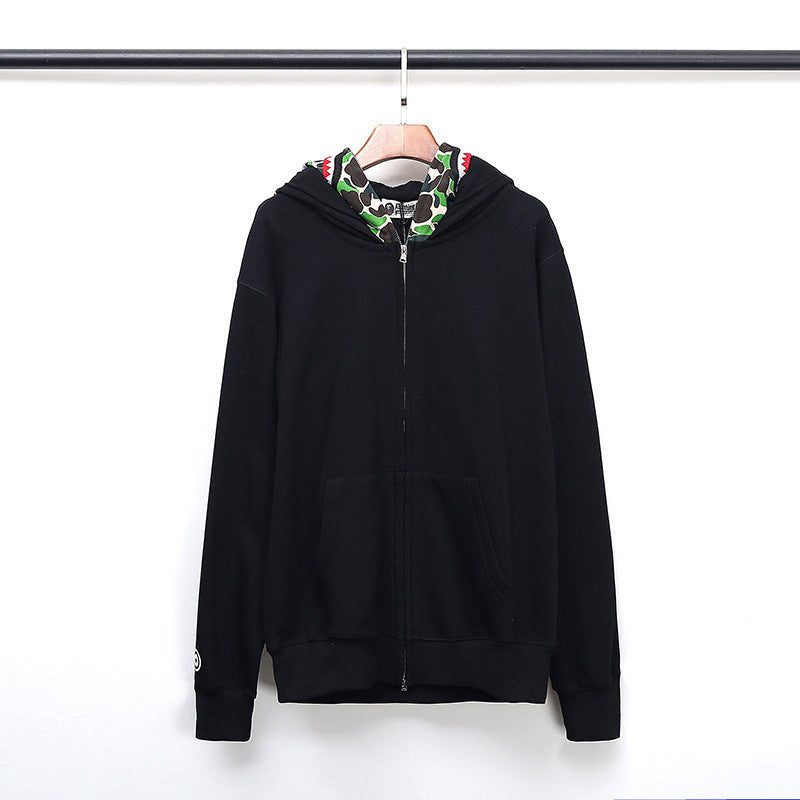 Shark Print Hoodie Fall/Winter Double Hood Camouflage Shark Head Zipper Fleece Padded Coat Sweatshirt
