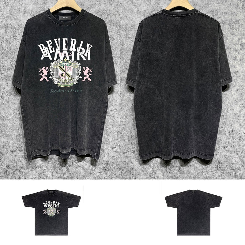Amiri washed t-shirt lion medal printing short sleeve