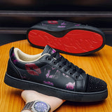 Louboutin-style red bottom shoes mencl lip print kiss mark red bottom casual shoes spiritual social hot diamond sneakers fashiontrendy men's white shoes nightclub