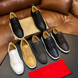 Louboutin-style red bottom shoes, hot-selling genuine leather flat men's sneakers, cl red sole trendy lace-up casual shoes, factory direct