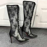 Louboutin-style red bottom shoes clsexy mesh pointed toe cut out long women's boots stiletto black elegance hot diamond sexy strap lace pattern