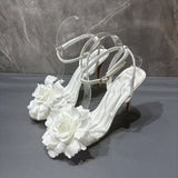 Louboutin-style red bottom shoes cl red bottom high heels flats one-piece buckle sandals ivory white silk satin bridal white flower sandals for women