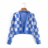 Women Fall Fall Square Knitted Cardigan Short Contrast Color Top
