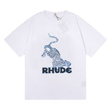 Rhude T Shirt Leopard Print Hip Hop Men and Women Couple Loose Casual