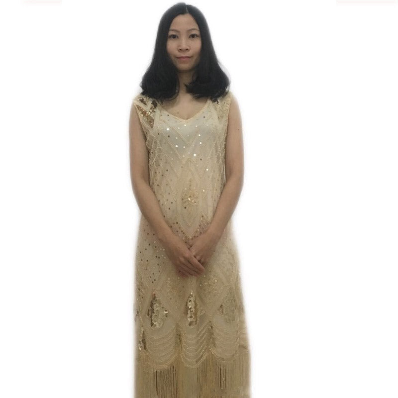 1920S Dress Vintage Sequins Dress Tassel Front and Back Deep V-neck Dress