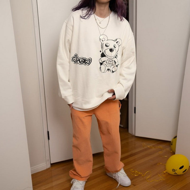 Drew House Drew Smiley Face Hand Drawn Cartoon Bear Hoodie High Street Loose round Neck Long Sleeve Pullover
