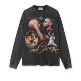 Stephen Curry Shirt Curry Printed Long-Sleeved T-shirt Distressed Cotton round Neck Loose Heavy