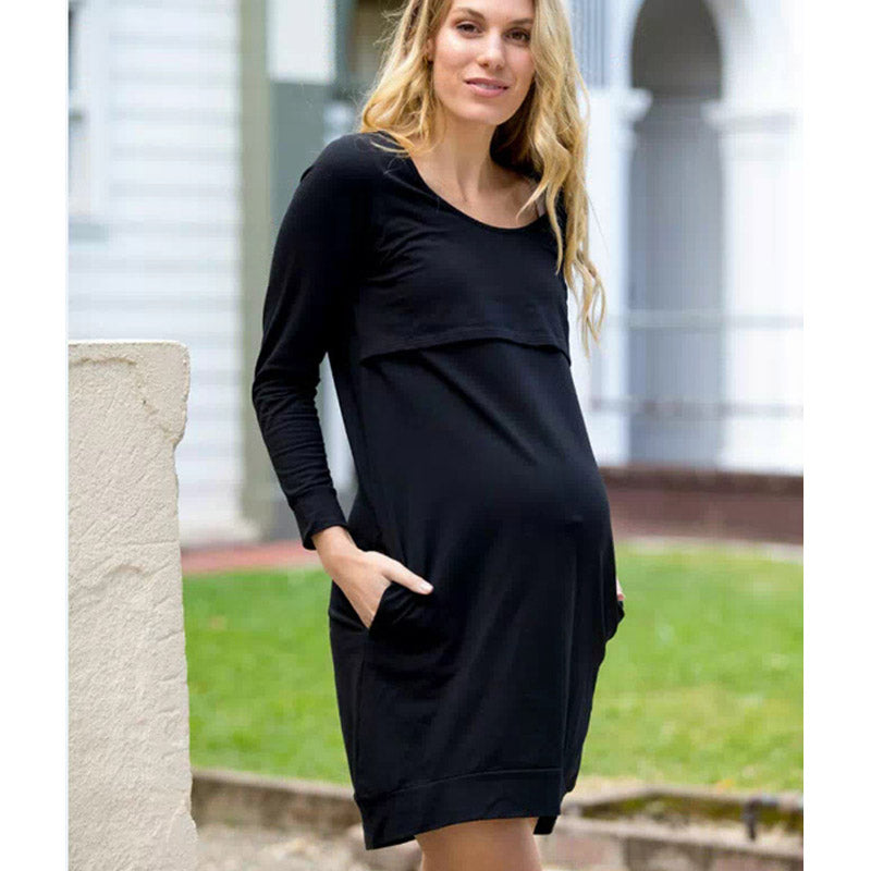 Maternity Clothes Dress round Neck Long Sleeve Solid Color Maternity Dress