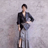 Leather Biker Coat Golden Leather Jacket Women Pu Jackets High Waist Leather Coat