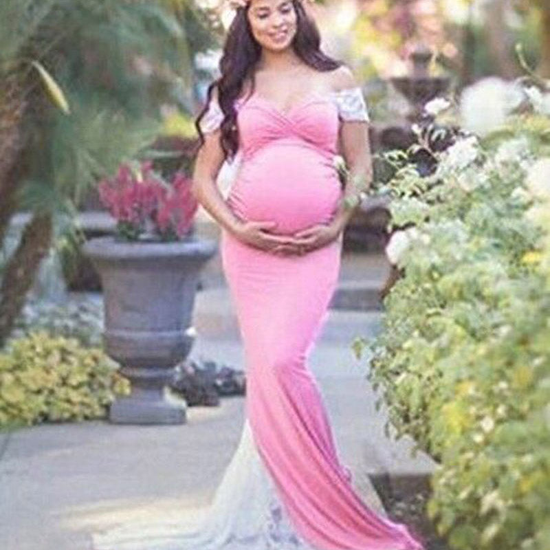 Maternity Clothes Dress Women's Lace Short Sleeve Maternity Trailing Long Dress