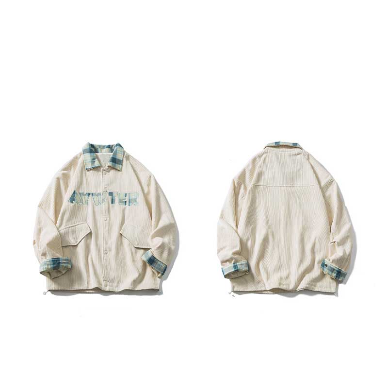 Brown Varsity Jacket Spring and Autumn Vintage Corduroy Polo Collar Jacket Men's Loose Plaid Stitching Embroidered Coat