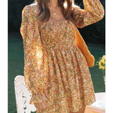 Women Fall Fall Two-Color Printed Dress Elastic Square Collar Skirt
