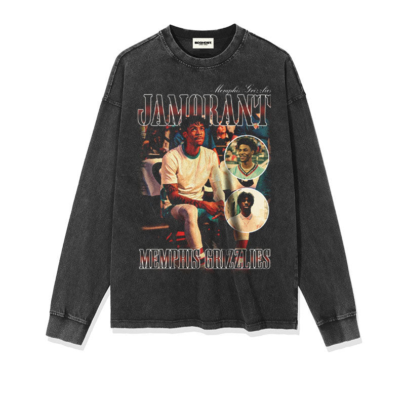 JA Morant Shirt JA Morant Distressed Long-Sleeved T-shirt Vintage Cotton Round Neck Sports