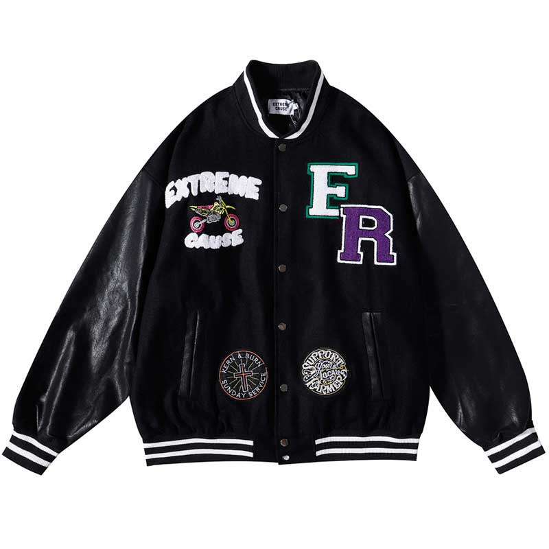 Orange Varsity Jacket Leather Sleeve Stitching Embroidered Baseball Uniform Male Stand Collar Puffer Jacket Couple Cotton Clothes