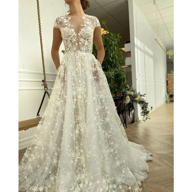 See through Wedding Dress Evening Wedding Dress Sexy Short Sleeve Wedding Gown