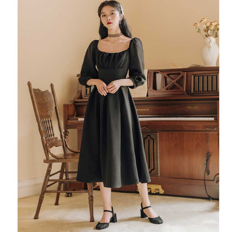 Early Autumn Court Waist Dress Small Black Dress Party Black Retro Vintage Cottagecore Aesthetic Flowy Victoria Cottage Core Dress