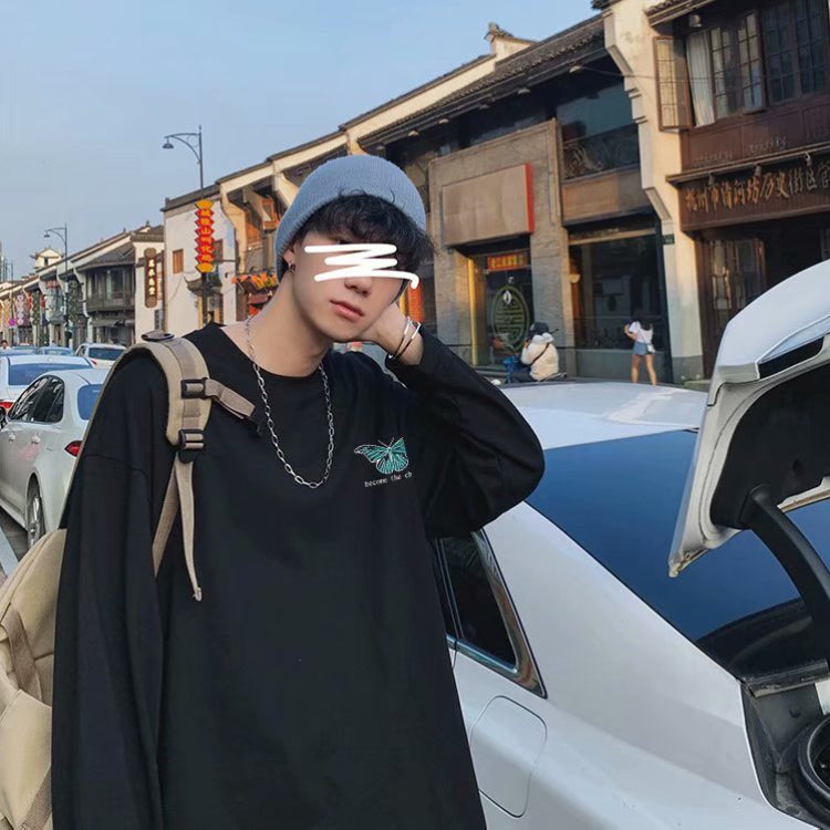 Men Sweatshirts Printed Hong Kong Style Sweatshirt Men's round Neck Loose Spring