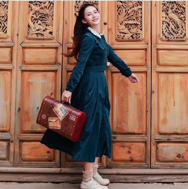 Spring and Autumn Long-Sleeved Vintage Dress Large Swing Dress Green Retro Vintage Cottagecore Aesthetic Flowy Victoria Cottage Core Dress
