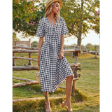 Gingham Dress Spring/Summer Sexy V-neck Short Sleeve Plaid Stitching Long Dress Women