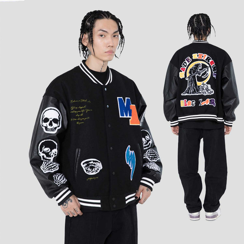 Green Varsity Jacket Madeextreme Fall/Winter Jacket Armband Skull Color Matching Street Retro Men's Baseball Uniform