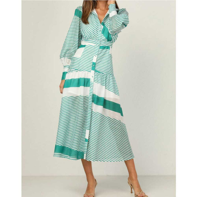 Women Fall Fall Striped Patchwork Stand-Up Collar Waist-Slimming Long Dress Single-Breasted Dress