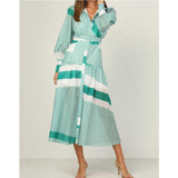 Women Fall Fall Striped Patchwork Stand-Up Collar Waist-Slimming Long Dress Single-Breasted Dress
