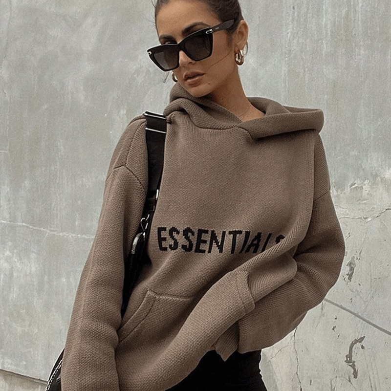 Fog Feel Of God Essentials Hoodie Double Line Letter Loose Sweater Knitted Pullover Hooded Sweater