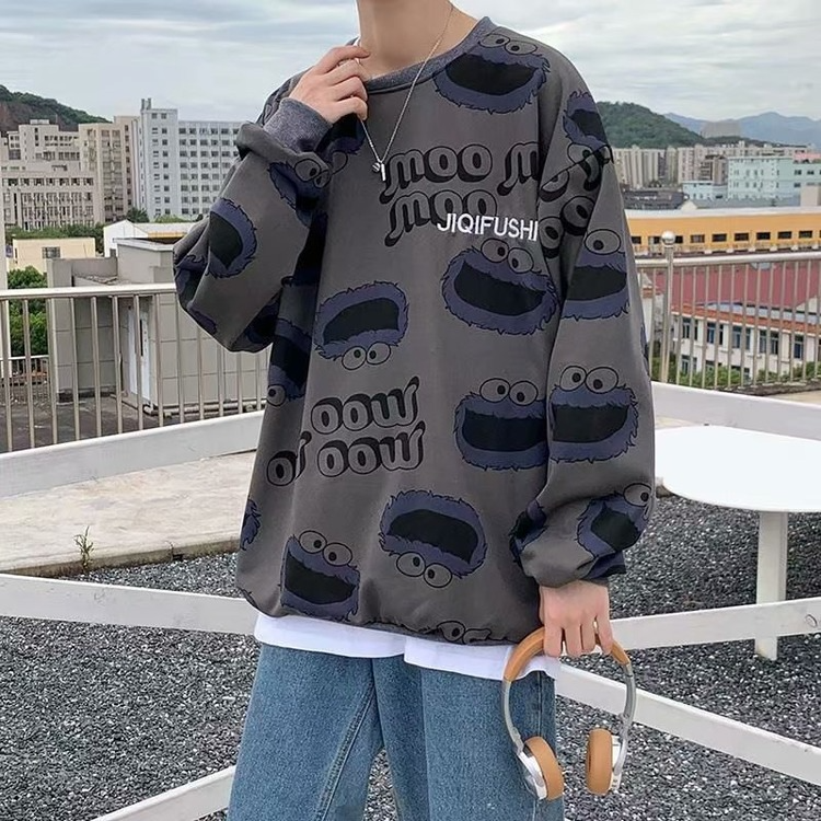Men Sweatshirts Autumn and Winter Printed round Neck Loose Pullover Sweater Men