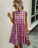 Gingham Dress Summer Fashion round Neck Plaid Loose Women's Dress