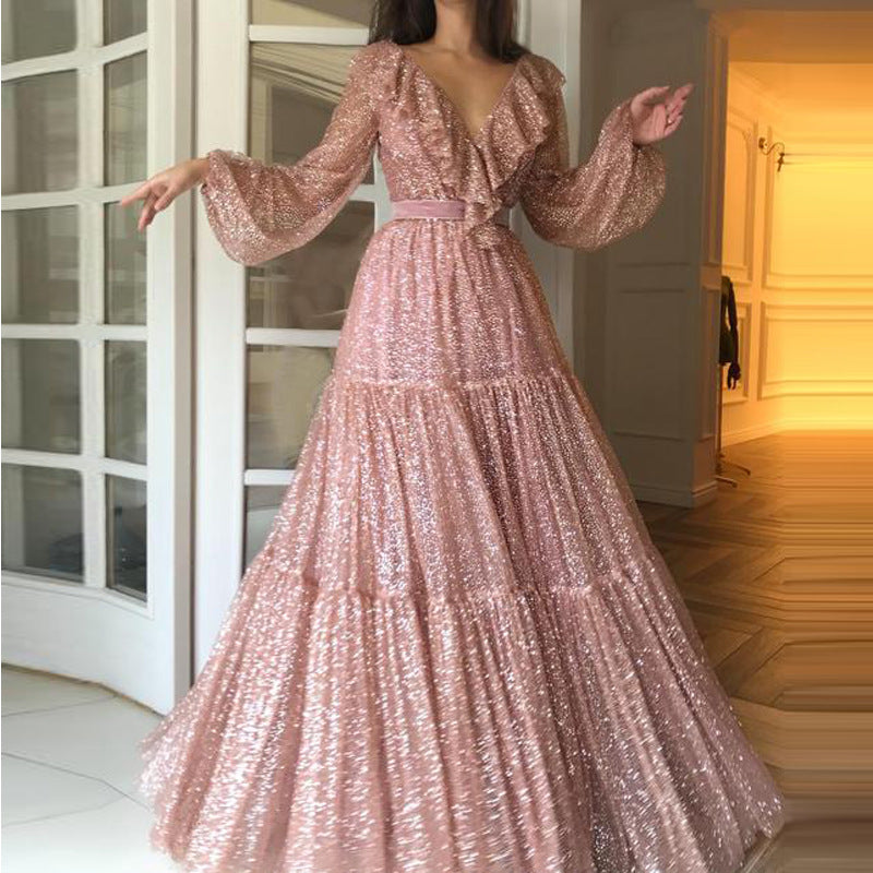 Formal Dresses & Gowns Dress V-neck Sequins Dress Formal Swing Dress Long Dress