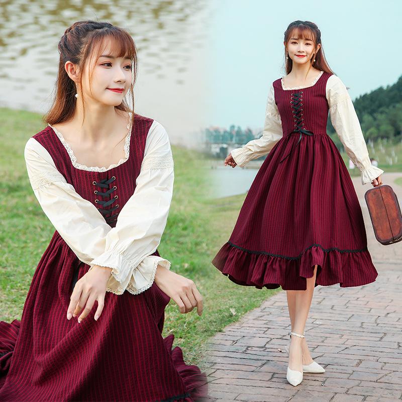 Cottagecore Lace Up Vintage Victorian Burgundy Dress Cottagecore Winter Clothes